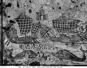 Pavement detail from the Piazzale dell Corporazioni depicting a nautical scene by Roman