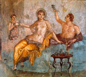 Roman Art: Banquet Scene, a Young Man and a Courtesan. Roman fresco of the 4th Pompeian style from the site of Ercolano (Herculaneum) 60-80 AD by Roman