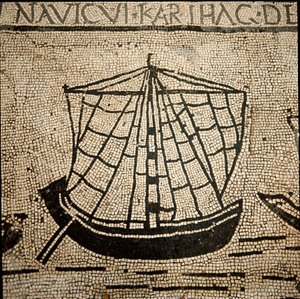 Roman art: cargo ship. Mosaic of the 3rd century AD. Ostia, Piazzale delle Corporazioni. Italy by Roman