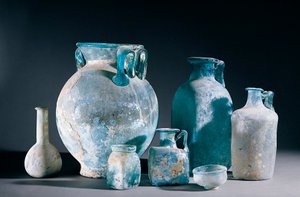 Roman art: glass vases and jugs. From Pompei. 1st century AD. Naples, Museo Archeologico Nazionale