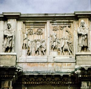 Roman art: low marble relief representing the distribution of subsidies and the surrender of a barbarian leader
