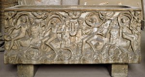 Roman Art: Sarcophagus Decorated with Low Reliefs Representing a Cortege of Maenads, Centaurs Dancing and Playing Music