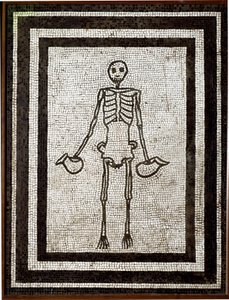 Skeleton bearing askos. Mosaic from the Vesuve region. 1st century BC by Roman
