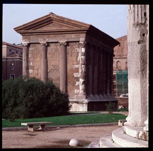 Roman art: view of the ruins of the Temple of Portunus (temple of manly fortune), archeological site of the Boarium Forum, 70-80 AD, Rome, Italy