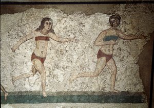Roman art: young Romans engaged in physical exercises. They wear a loincloth around the kidneys and a strophium (ancestor of the bra) on the chest. (detail) of mosaic 315-350 AD. Piazza Armerina, Villa Romana del Casale