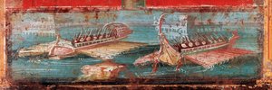 Roman war ships at the entrance of a port (fresco)