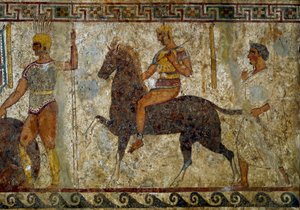 Samnite warriors and horseman. Tomb painting from the 4th century BC, from the site of Paestum, Italy. Museo nazionale archeologico, Napoli