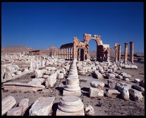 View of the great colonnade and the monumental arch (early 3rd century AD)