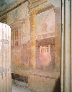 Detail of frescoes in Hall of Triclinium, House of Labyrinth, Pompeii, Campania, Roman Civilization (detail) by Roman Roman