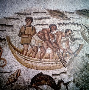 Fishing scene in Mosaic in Hippo, Algeria by Roman Roman