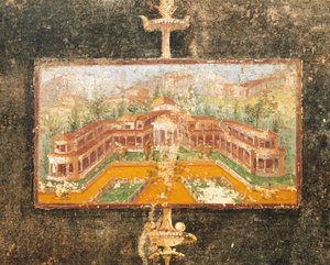 Landscape and architecture in wall painting in tablinum, House of Marcus Lucretius Fronto, Pompeii