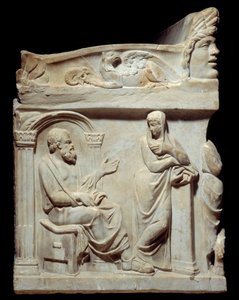 Roman antiquity: Sarcophagus of the Muses. This sarcophagus is adorned with the representation of the nine muses and, on the small sides, portraits of the philosopher Socrates and the poet Hesiod. Here, Socrates, Greek philosopher, with his m by Roman Roman