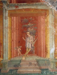 Theatre Scene, Fresco on Red Background from House of Pinarius Cerialis, Pompeii