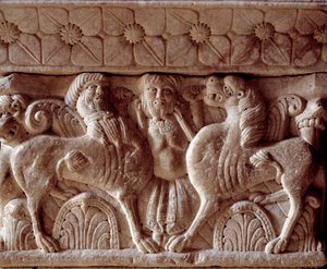 A centaur and a lion, carved capital in the tribune of the Priory by Romanesque