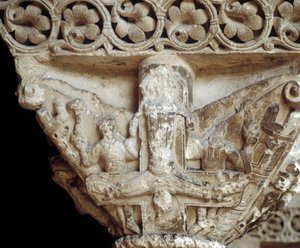 Capital representing St Peter on his cross (sculpture) by Romanesque
