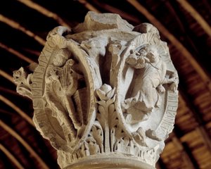 Tones of Gregorian chant: the third one (passion and resurrection of Christ) and Tintinrection of Christ (on the right), Capital of the choir (sculpture) by Romanesque