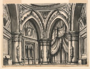 Stage Design, Interior of High Gothic Hall with Ogival Arches by Romolo Achille Liverani