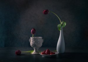 Moody Tulips And Strawberries by Rong Wei