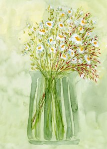 Green Vase White Flowers by Rosana Laiz Blursbyai