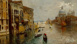 Gondolas on the Grand Canal, the Dogana and Santa Maria della Salute beyond, Venice