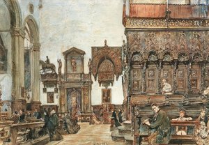 The Interior of the Basilica di Santa Maria Gloriosa dei Frari in Venice with Prayers in the Choir Stalls by Rudolf von Alt