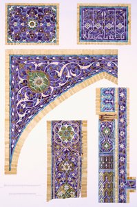 Decorative Tilework in Blue, Green and Cream with Gold Outlines