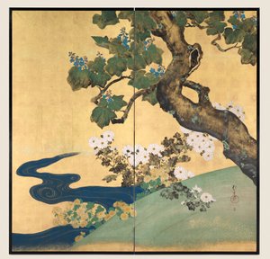 Paulownias and Chrysanthemums, two-fold screen