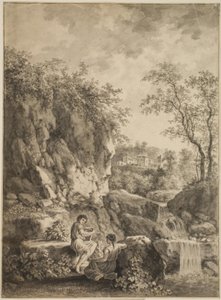 Rocky Landscape with a Stream. In the Foreground a Young Man with a Reed Flute and a Young Woman