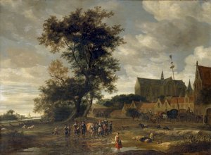 Scene Before a Maypole with Alkmaar Church in the Background by Salomon Ruysdael