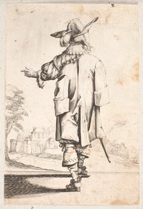 Cavalier Seen from Back: Gestures with Left Hand, Wears Cape and Plumed Hat, Walled Town and Gate Beyond