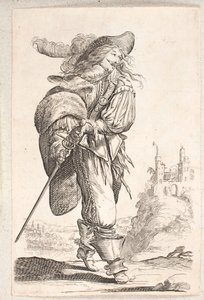 Walking man, three-quarter profile to the right, reaching for the sword at his hip. In the background a castle