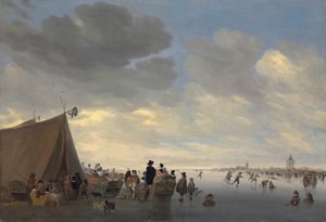 Skaters on the Frozen River Lek, the Town of Vianen Beyond, 1653