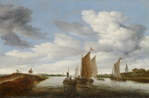 River Landscape with Sailing Boats and a Horse-Drawn Barge by Salomon van Ruysdael