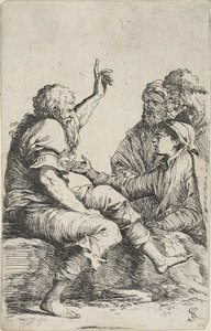 A Bearded Old Man Seated on a Rock and Making a Hortatory Gesture Toward Three Men Opposite Him, from Figurine Series by Salvator Rosa