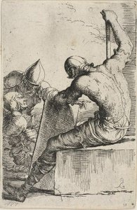 A Warrior, Seated on a Foreground Block, Holds a Shield and Staff and Turns Toward Two Warriors Behind Him, from Figurine Series