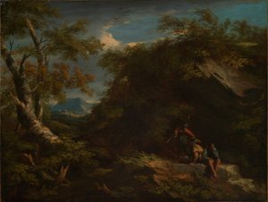 Mountainous Forest Landscape with Resting Warriors by Salvator Rosa
