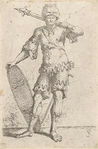 Standing Exotic Warrior Wearing a Lion-head Cap, Holding a Mace and Shield, c.1656-57 by Salvator Rosa