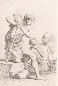 Two men sitting and another man holding a staff kneeling on a rock, from the series, ca. 1656-1657 by Salvator Rosa