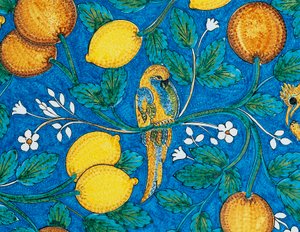 Citrus fruit, flowers and birds on blue background, decorative detail from table, lava stone majolica, Salvatore Gurreri manufacture, Caltagirone, Sicily, Italy, 20th century by Salvatore Gurreri manufacture
