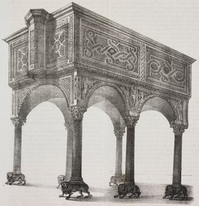 Ancient ambo in Sessa Aurunca cathedral, Campania, Italy, lithograph by Salvatore Puglia after drawing by Pasquale Mattei from Poliorama Pittoresco by Salvatore Puglia