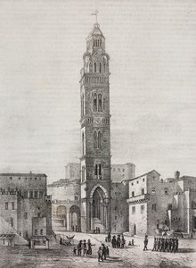 Bell tower of Gaeta cathedral, Lazio, Italia, lithograph by Salvatore Puglia after drawing by Pasquale Mattei, from Poliorama Pittoresco, n 48, July 6
