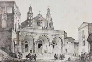 Facade of Cathedral of Sessa Aurunca, Campania, Italy. Lithograph by Salvatore Puglia after drawing by Pasquale Mattei from Poliorama Pittoresco