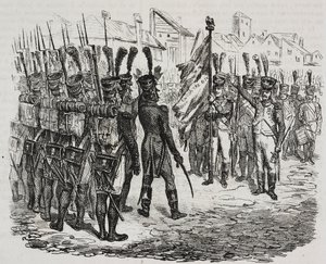 Flag of 84th regiment, lithograph by Salvatore Puglia from History of Napoleon by Cesare Malpica, from Poliorama Pittoresco, n 16, November 25