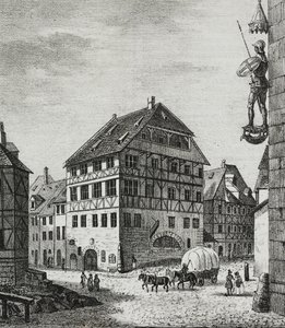 House of Albrecht Durer in Nuremberg, Germany, lithograph by Salvatore Puglia from Poliorama Pittoresco, n 31, March 12
