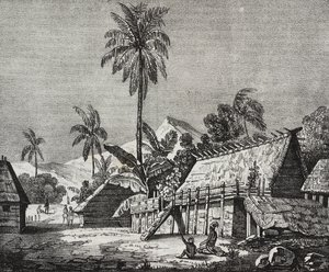 House of Queen of Noukahiva Island (today Nuku Hiva), Marquesas Islands, French Polynesia, from Poliorama Pittoresco, No. 37, April 22 by Salvatore Puglia
