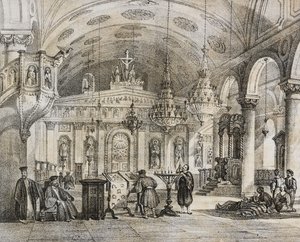 Interior of Greek church of Baloukli, near Constantinople, Turkey, lithograph by Salvatore Puglia from Poliorama Pittoresco, n 28, February 15 by Salvatore Puglia