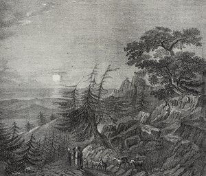 Landscape of Cedars forest on Mount Lebanon, near Beirut, Lebanon, lithograph by Salvatore Puglia from Poliorama Pittoresco, n 11, October 22