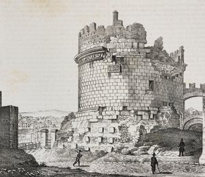 Mausoleum of Cecilia Metella on Via Appia, Rome, Lazio, Italy, lithograph by Salvatore Puglia from Poliorama Pittoresco, n 20, December 21