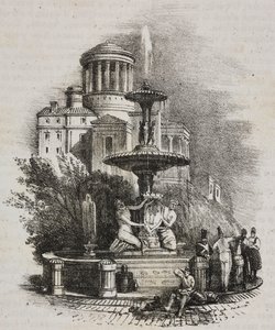 Prado fountain, Madrid, Spain. Lithograph by Salvatore Puglia from Poliorama Pittoresco by Salvatore Puglia