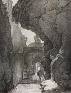 Sanctuary of the Holy Trinity or Sanctuary of the Split Mountain, Gaeta, Lazio, Italy. Lithograph by Salvatore Puglia from Poliorama Pittoresco